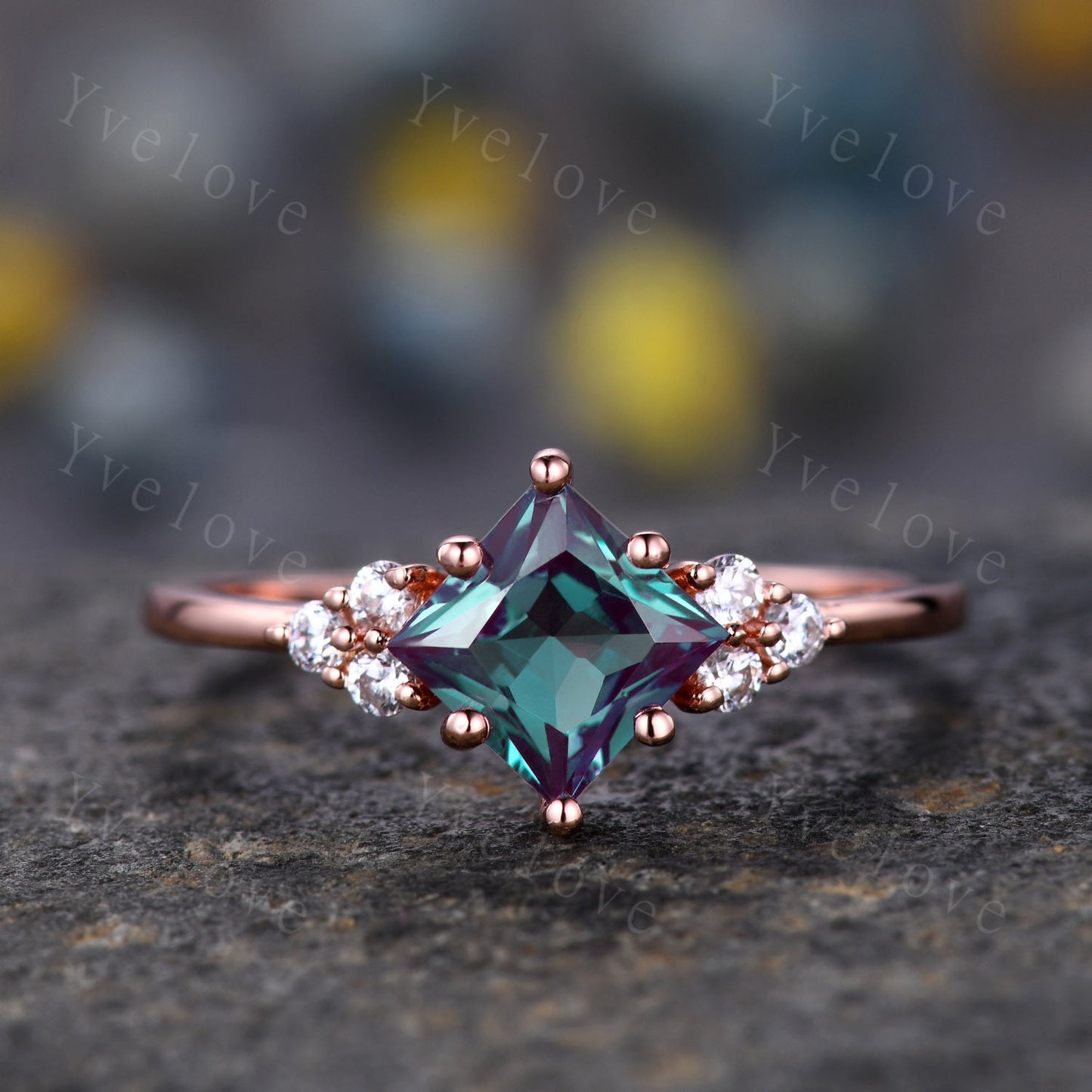 Vintage Unique Alexandrite Ring Set,Princess Cut Engagement Ring Set,Moissanite Matching band,June birthtone,14k rose gold,Women Bridal Ring