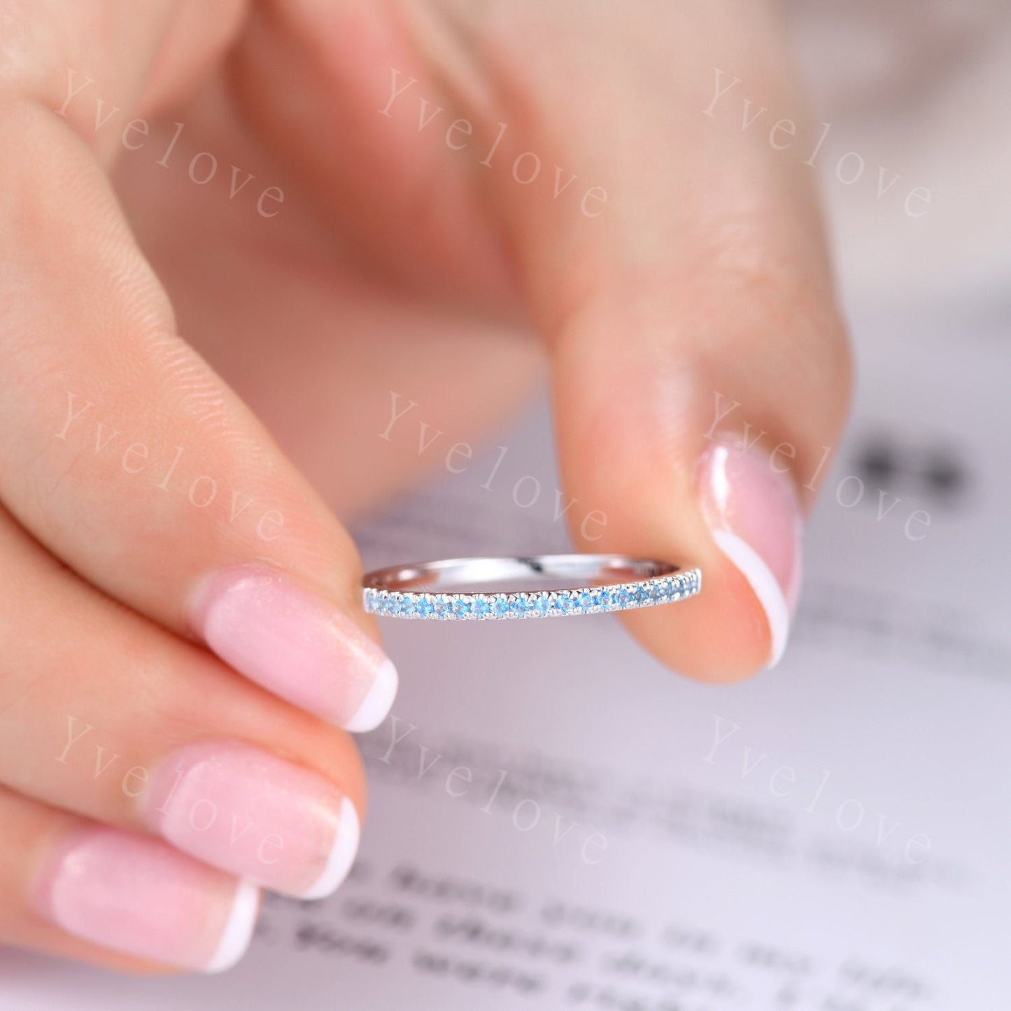 Natural Swiss Blue Topaz Ring,Blue Topaz Petite Wedding Ring,Toapz Wedding Band,14k White Gold,Half Eternity,Bridal Anniversary jewelry Gift