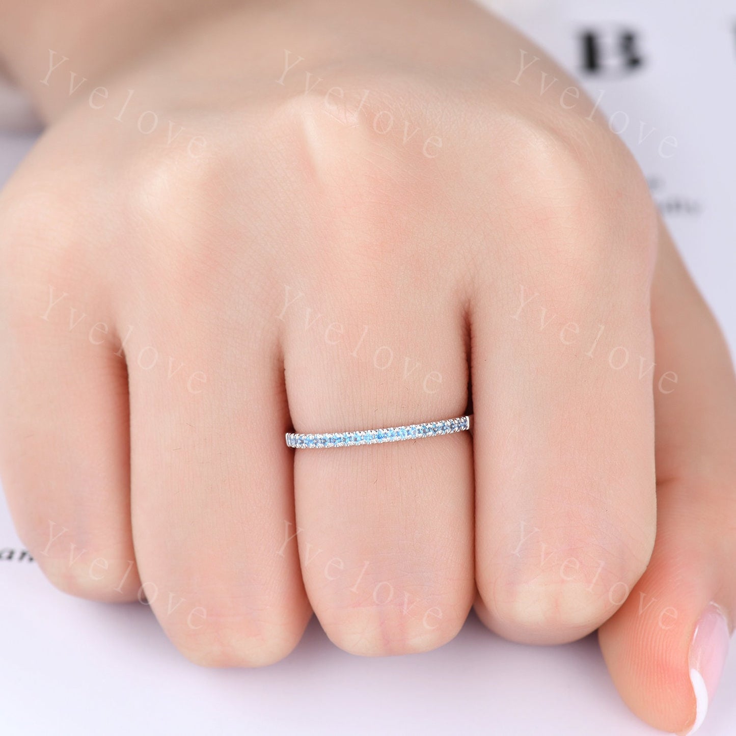Natural Swiss Blue Topaz Ring,Blue Topaz Petite Wedding Ring,Toapz Wedding Band,14k White Gold,Half Eternity,Bridal Anniversary jewelry Gift