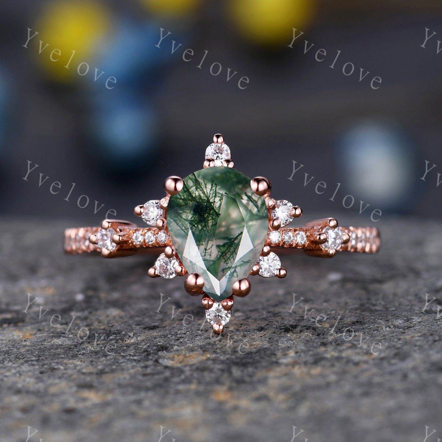 Art Deco Pear Moss Agate Ring,Green Agate Ring Set,Women  Bridal Set ,V Curved Moissanite Stacking Band,14K Rose Gold,Women Anniversary Gift