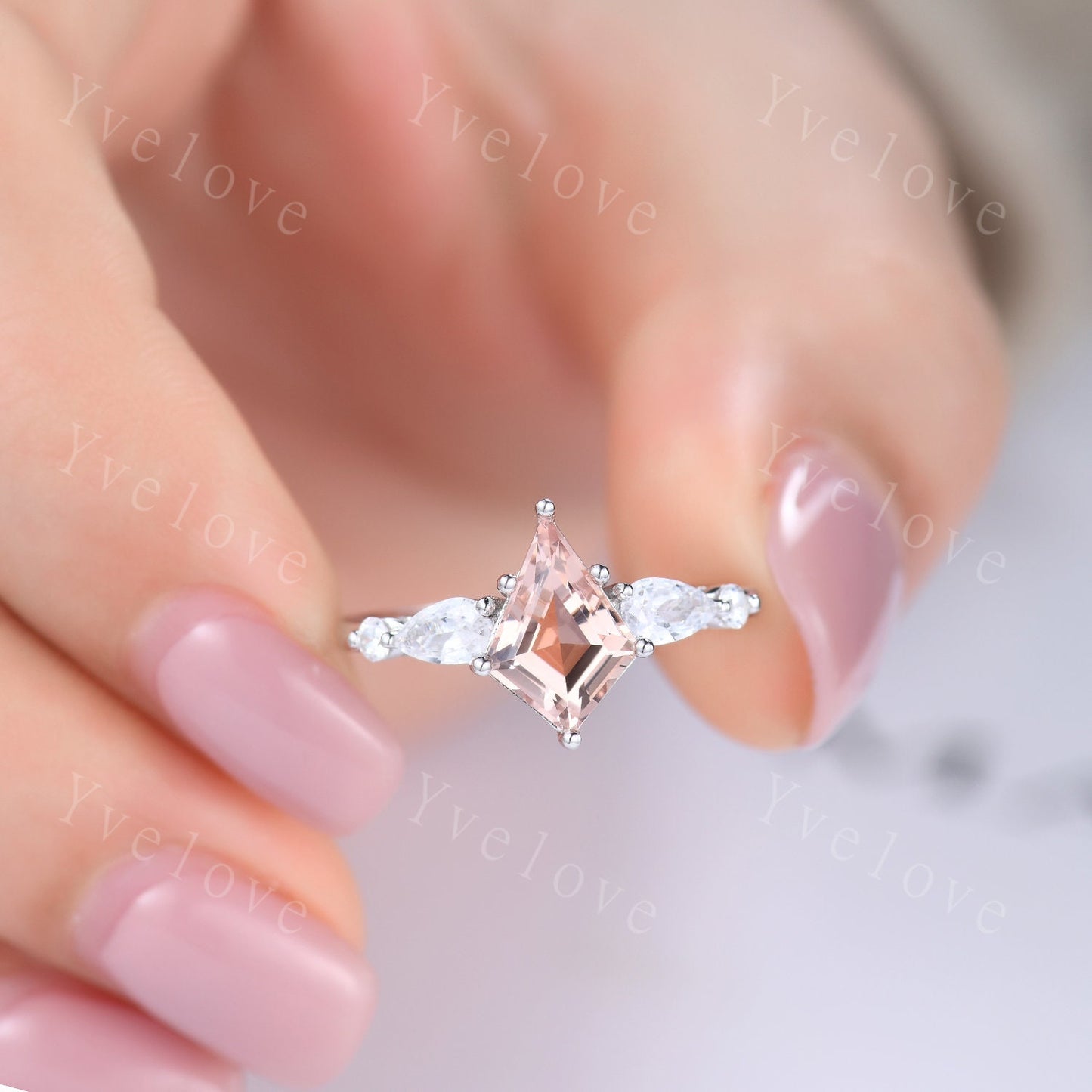 Unique Kite Cut Morganite Engagement Ring Set,Morganite Bridal Ring Set,Pear Moissanite,Twist Wedding Band,White Gold,Birthday Gift For Her