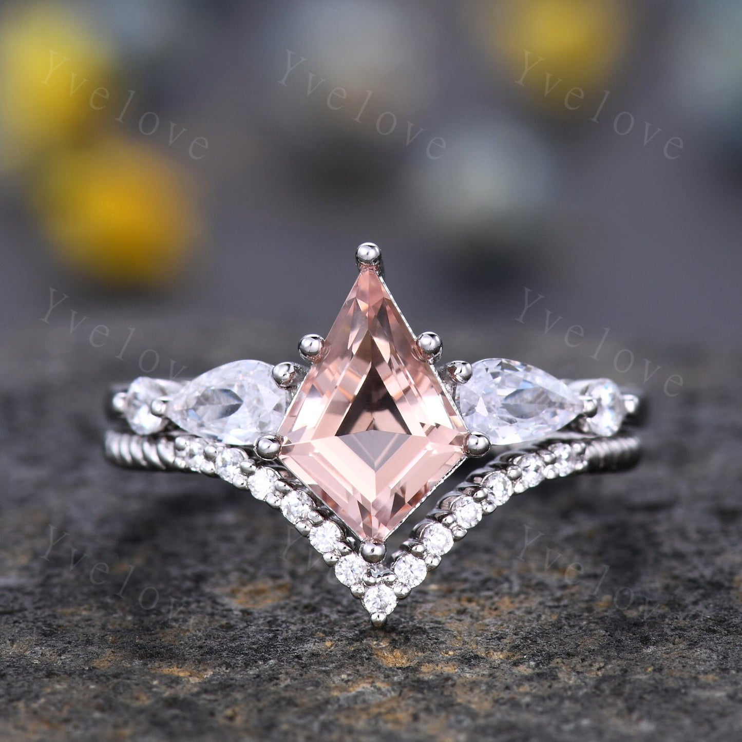 Unique Kite Cut Morganite Engagement Ring Set,Morganite Bridal Ring Set,Pear Moissanite,Twist Wedding Band,White Gold,Birthday Gift For Her