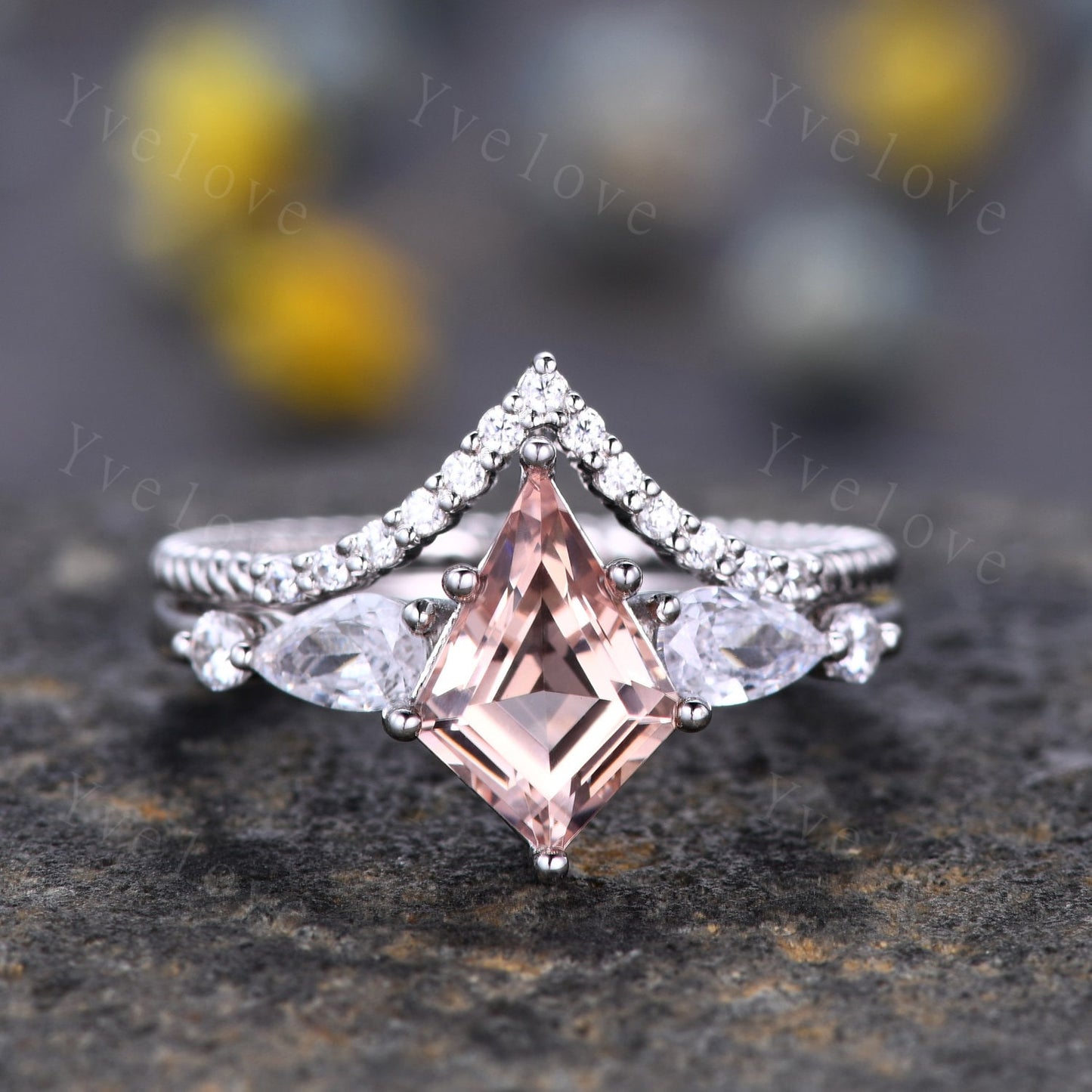 Unique Kite Cut Morganite Engagement Ring Set,Morganite Bridal Ring Set,Pear Moissanite,Twist Wedding Band,White Gold,Birthday Gift For Her