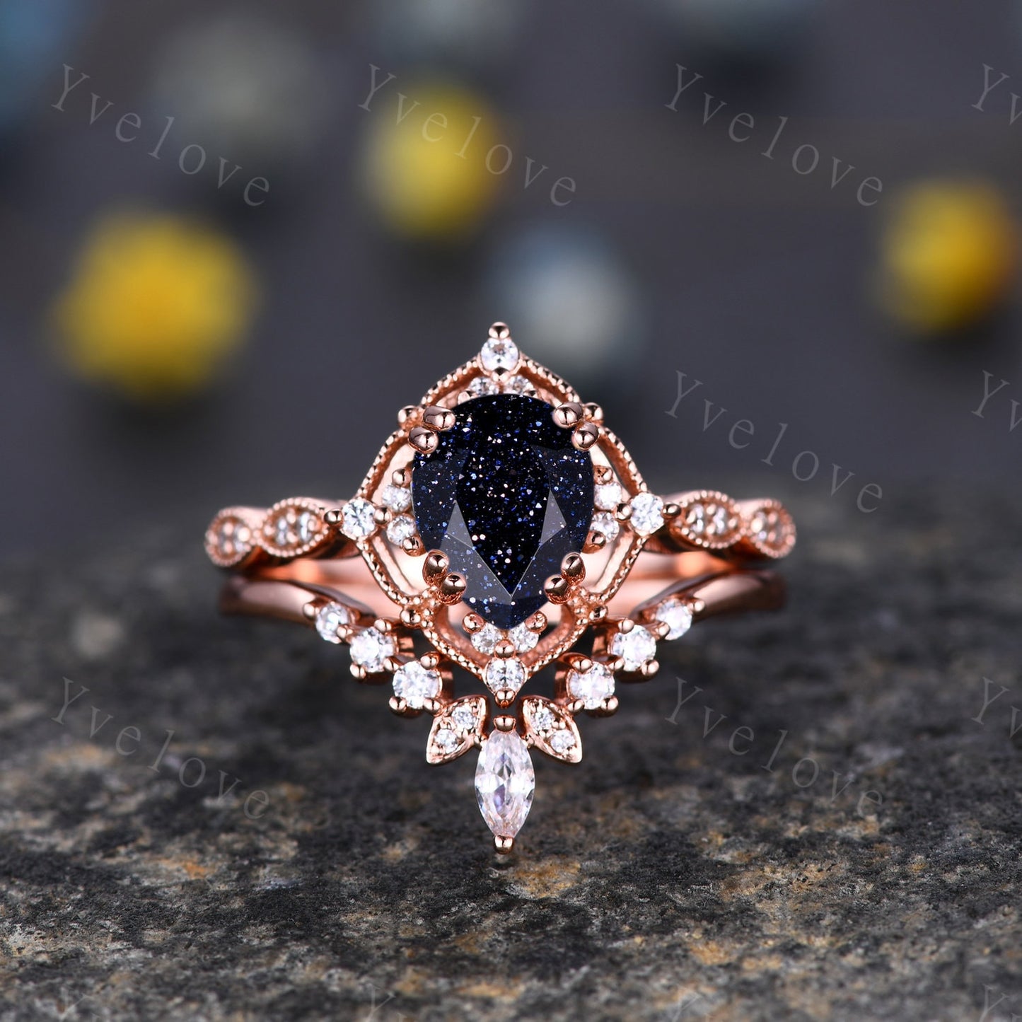 Vintage Moissanite Engagement Ring Set,6x8mm Pear Moissanite Bridal Set,Curved Moissanite Stacking Band,Solid Gold,Women Rings Gift For Her