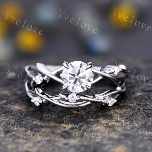 1.2ct Moissanite Engagement Ring Set,Twisted Ring Set,Leaf and Vines Moissanite Bridal Set,Branch Ring,Twig Diamond Ring Set,14k White Gold