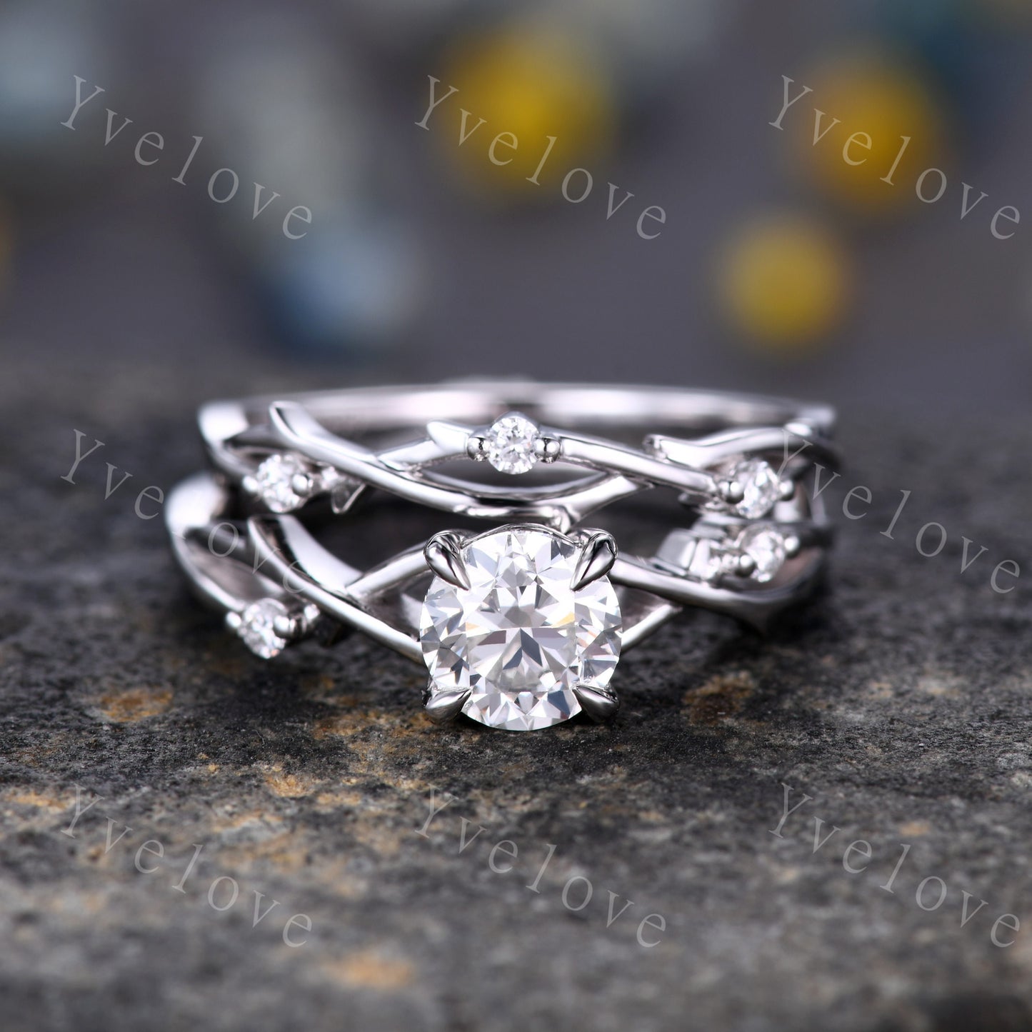 1.2ct Moissanite Engagement Ring Set,Twisted Ring Set,Leaf and Vines Moissanite Bridal Set,Branch Ring,Twig Diamond Ring Set,14k White Gold