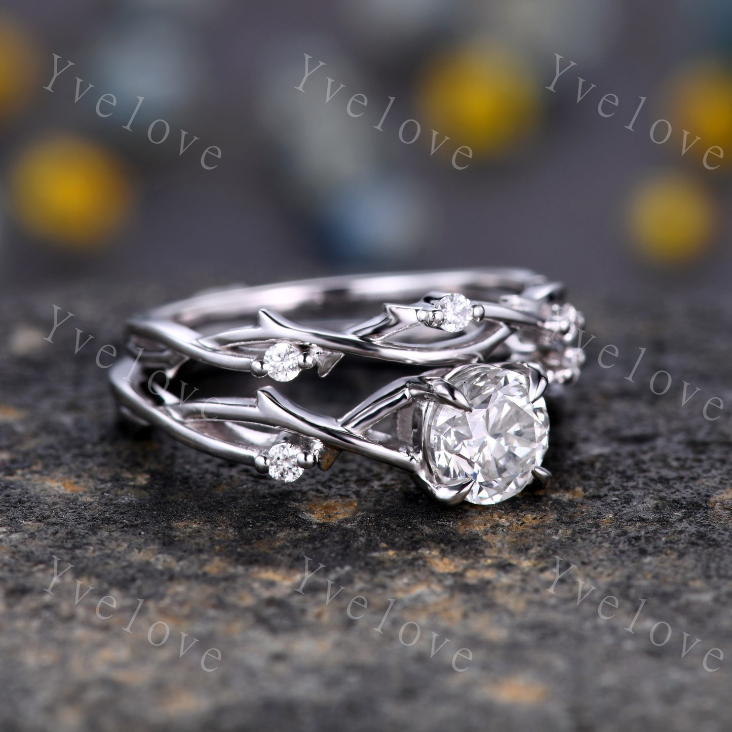 1.2ct Moissanite Engagement Ring Set,Twisted Ring Set,Leaf and Vines Moissanite Bridal Set,Branch Ring,Twig Diamond Ring Set,14k White Gold
