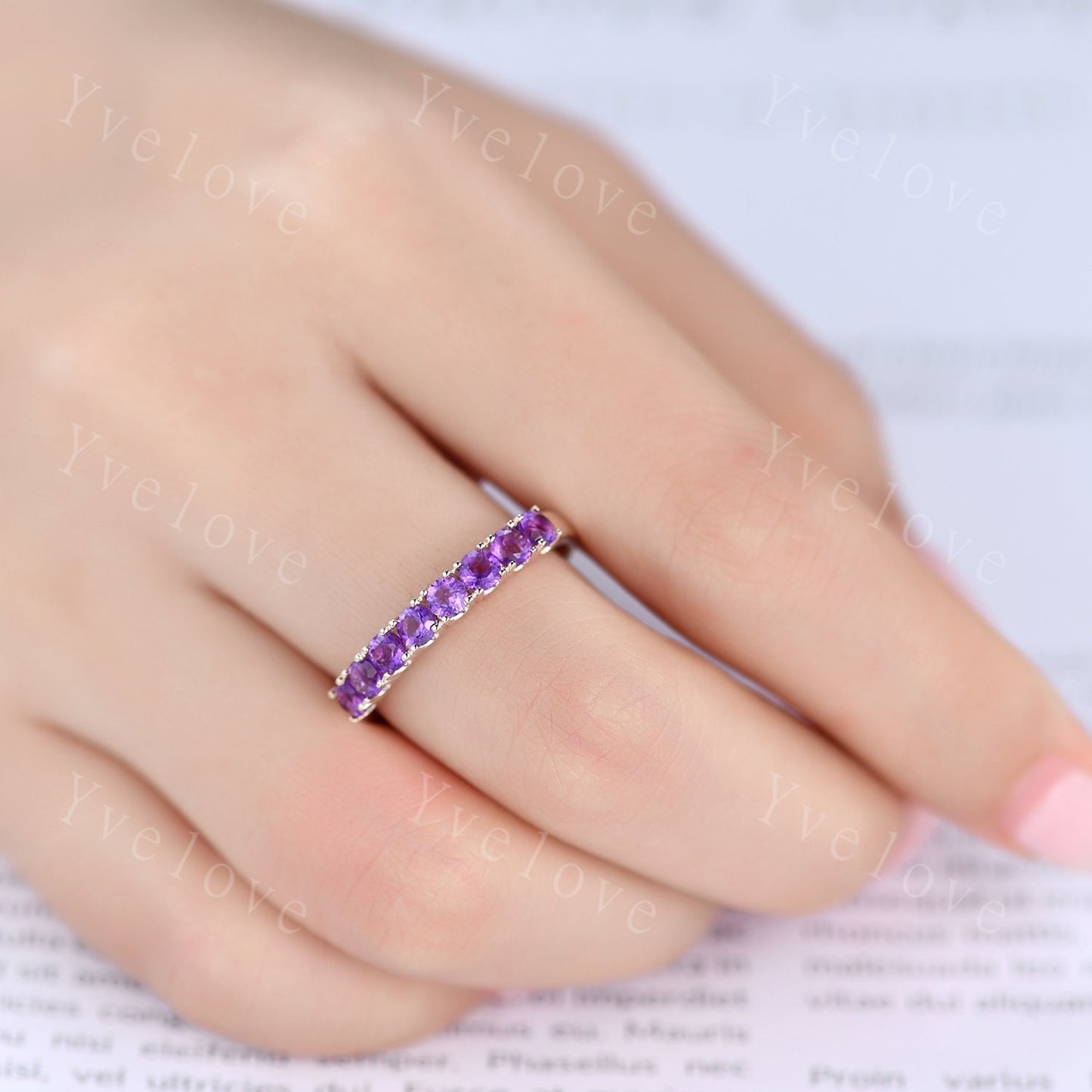 Amethyst ring 3mm round cut amethyst wedding band half eternity ring 14k rose gold matching band prongs set natural gemstone February Ring