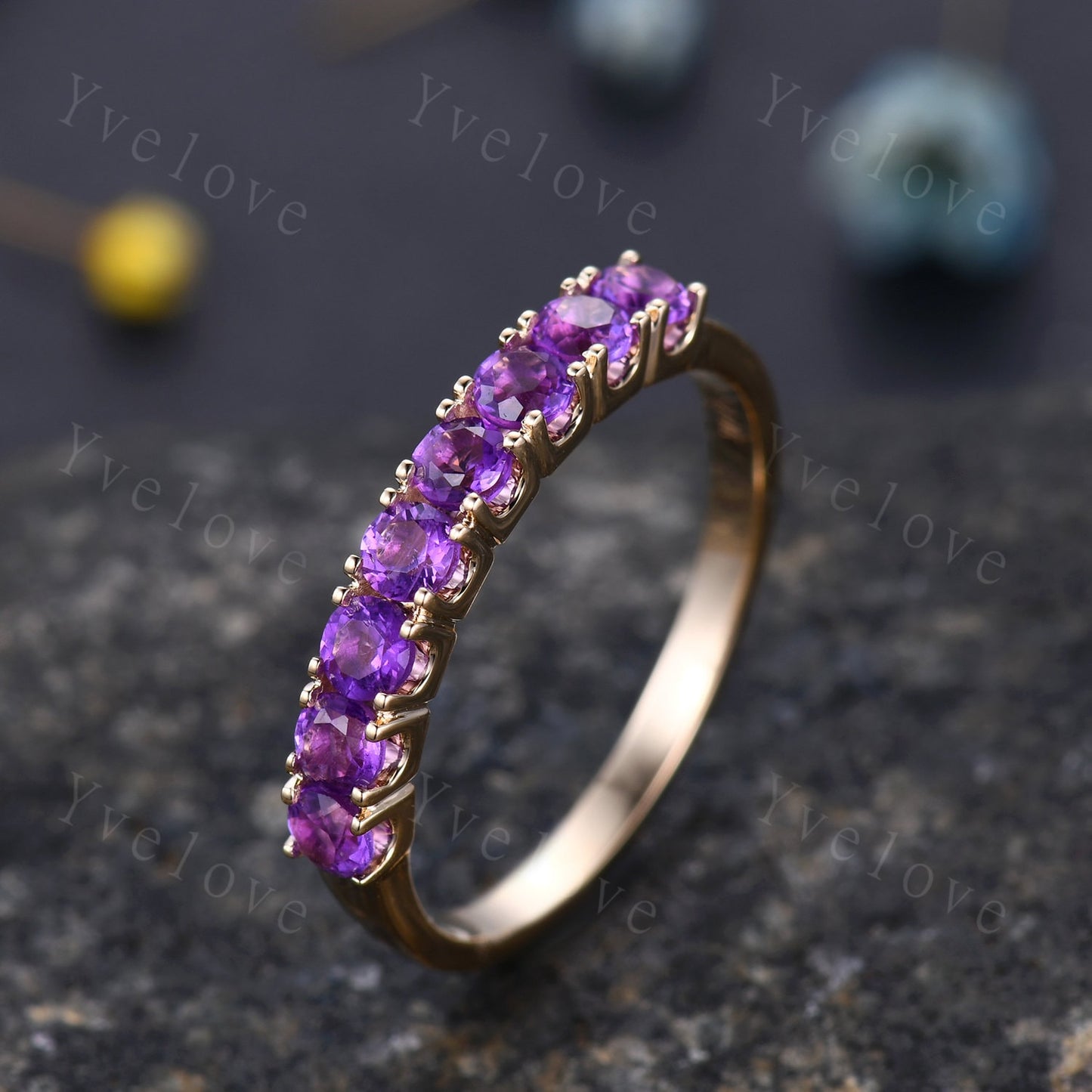 Amethyst ring 3mm round cut amethyst wedding band half eternity ring 14k rose gold matching band prongs set natural gemstone February Ring