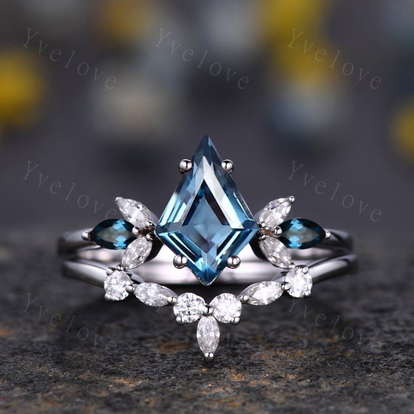 Vintage Kite Cut London Blue Topaz Engagement Ring Set,Unique Bridal Ring Set,Marquise Topaz Matching Band,White Gold Women Anniversary Ring