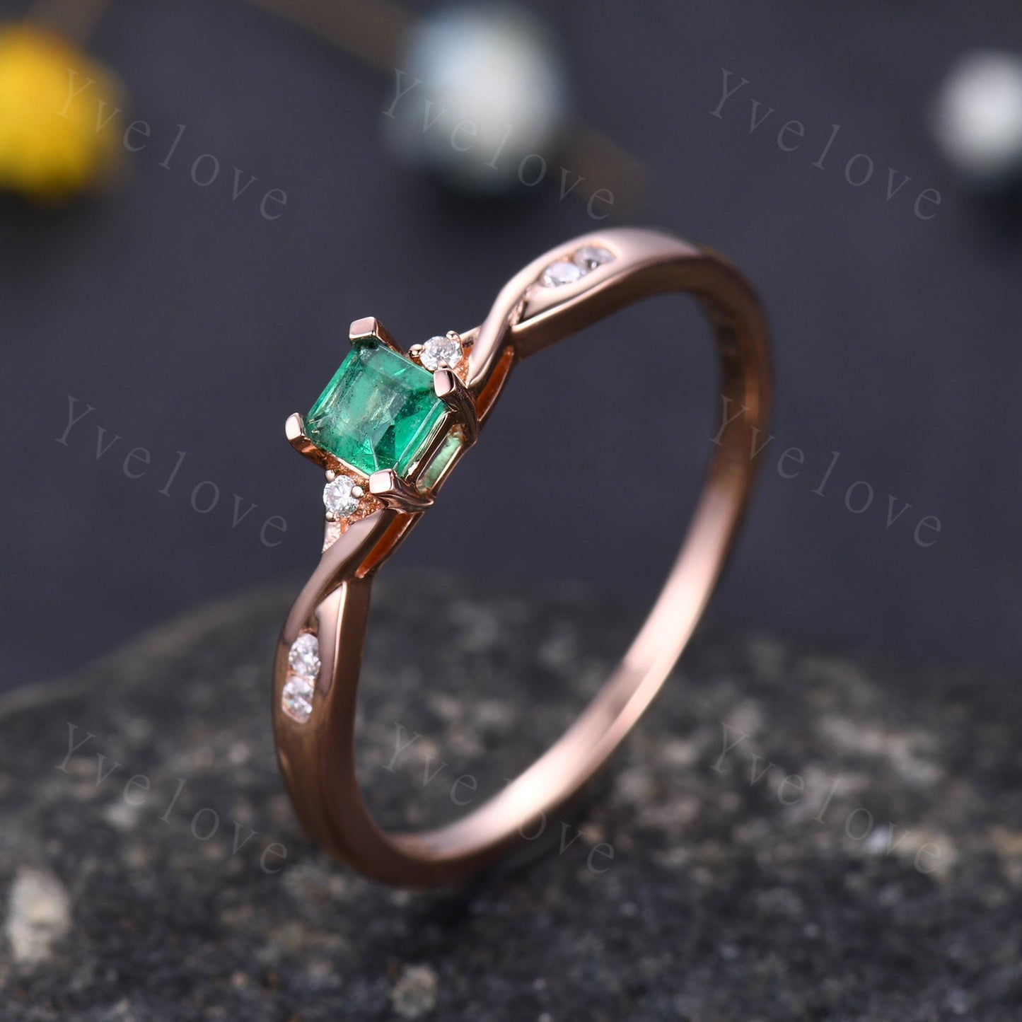 3.5mm emerald cut natural gemstone ring 0.27ct emerald ring raw emerald engagement ring twisted daimond band petit ring solid 14k rose gold