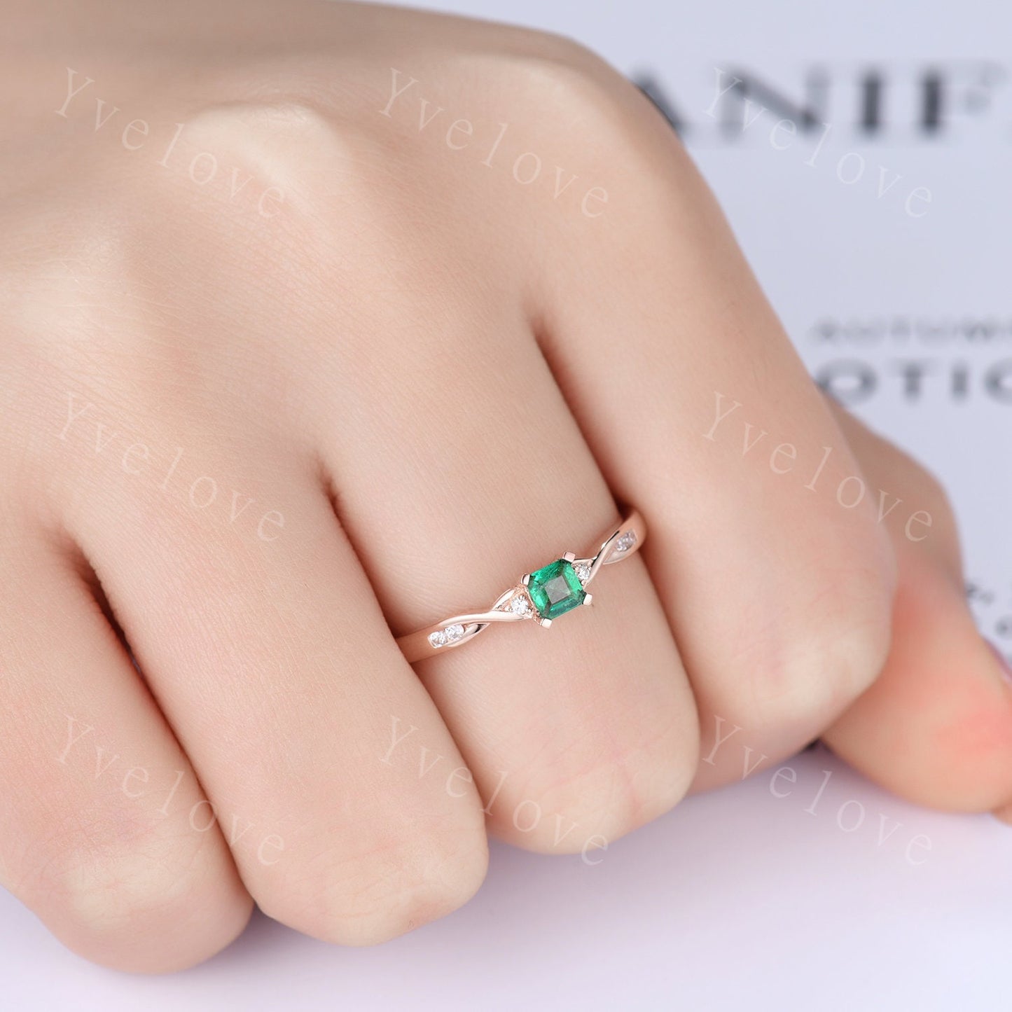 3.5mm emerald cut natural gemstone ring 0.27ct emerald ring raw emerald engagement ring twisted daimond band petit ring solid 14k rose gold