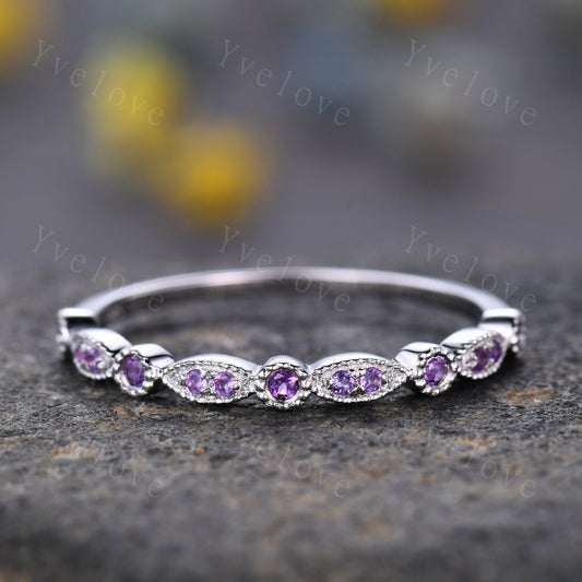 Amethyst ring art deco half eternity amethyst wedding band milgrain style ring 14k white gold matching band natural gemstone IF color