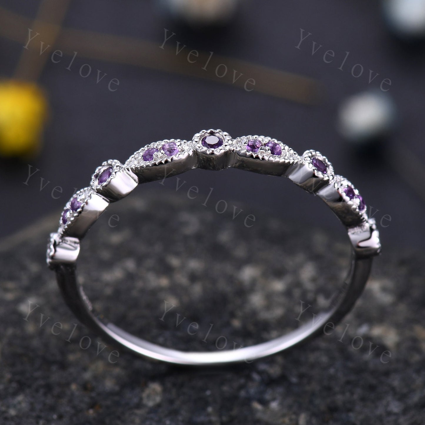 Amethyst ring art deco half eternity amethyst wedding band milgrain style ring 14k white gold matching band natural gemstone IF color