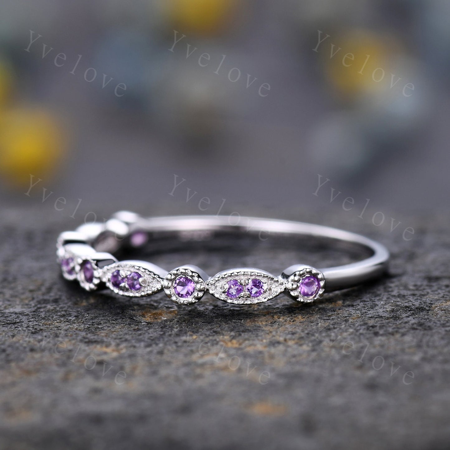 Amethyst ring art deco half eternity amethyst wedding band milgrain style ring 14k white gold matching band natural gemstone IF color