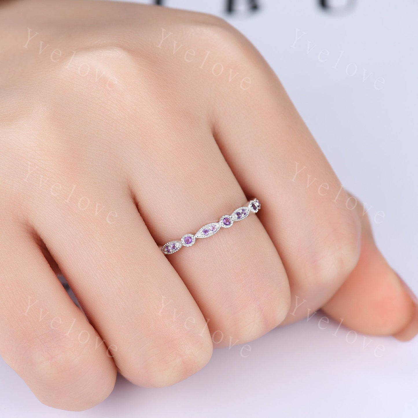 Amethyst ring art deco half eternity amethyst wedding band milgrain style ring 14k white gold matching band natural gemstone IF color