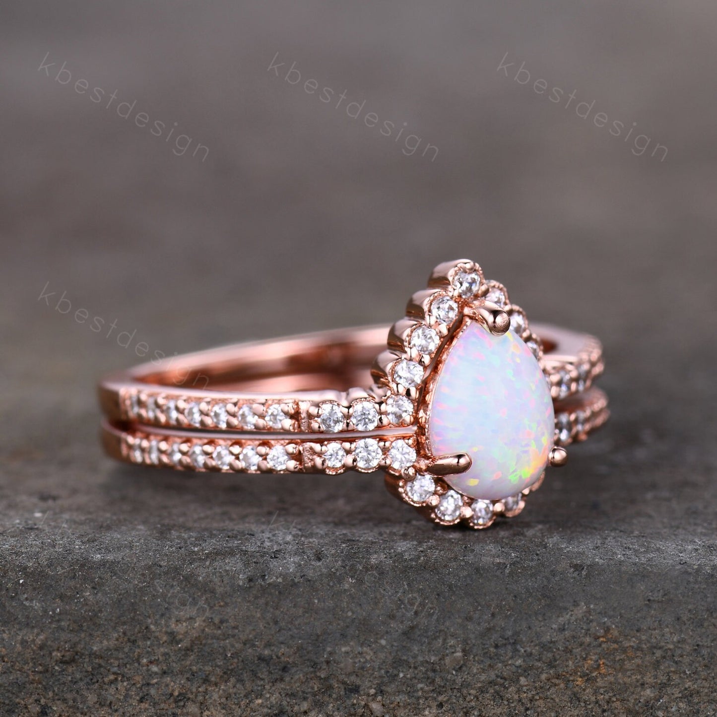 Pear shaped Opal engagement ring set rose gold white opal engagement ring unique curved CZ diamond stacking matching band Bridal promise set