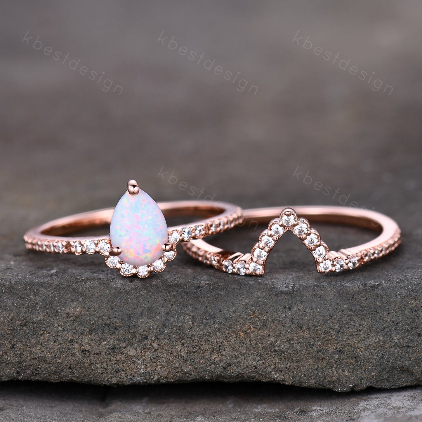 Pear shaped Opal engagement ring set rose gold white opal engagement ring unique curved CZ diamond stacking matching band Bridal promise set