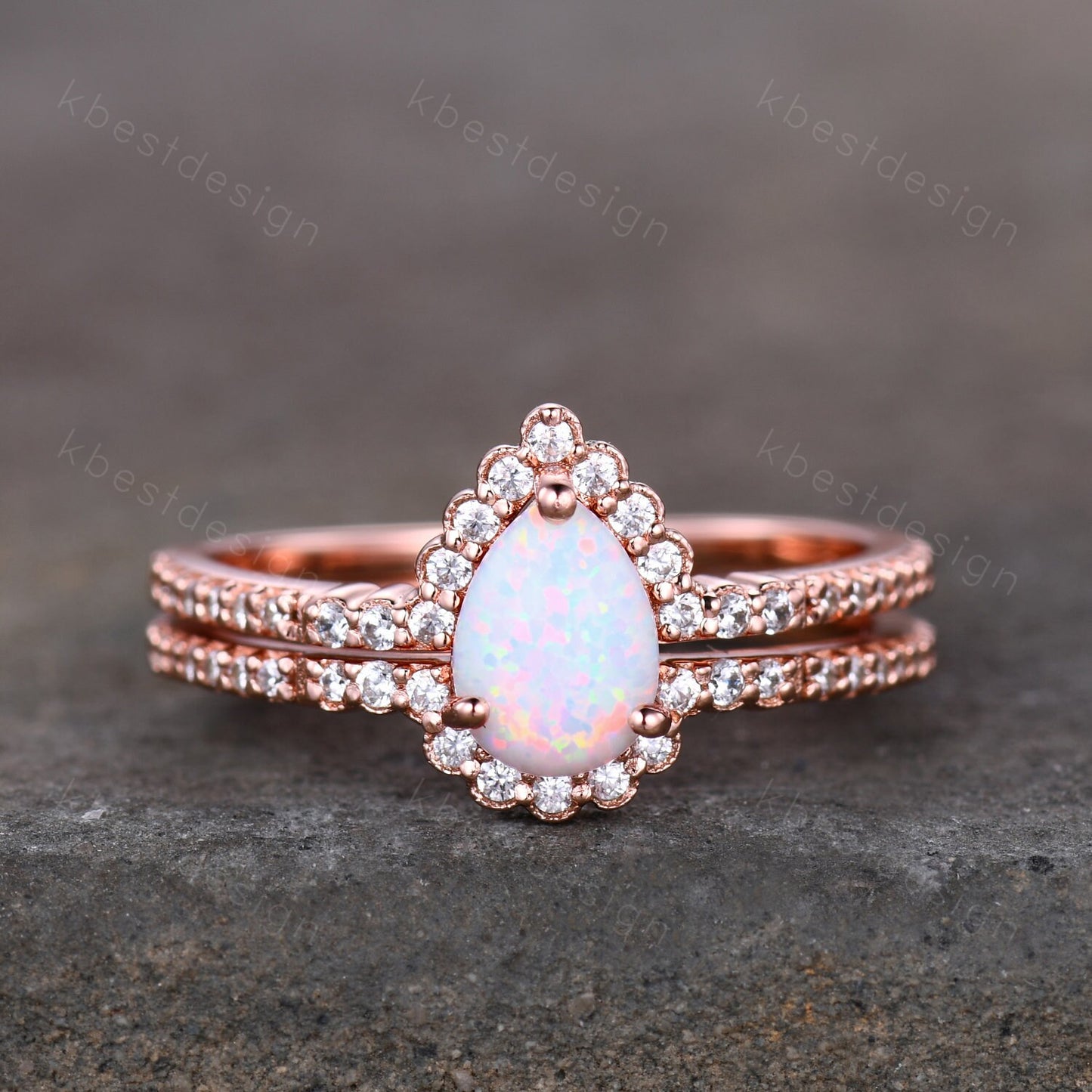Pear shaped Opal engagement ring set rose gold white opal engagement ring unique curved CZ diamond stacking matching band Bridal promise set