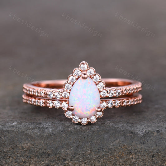 Pear shaped Opal engagement ring set rose gold white opal engagement ring unique curved CZ diamond stacking matching band Bridal promise set