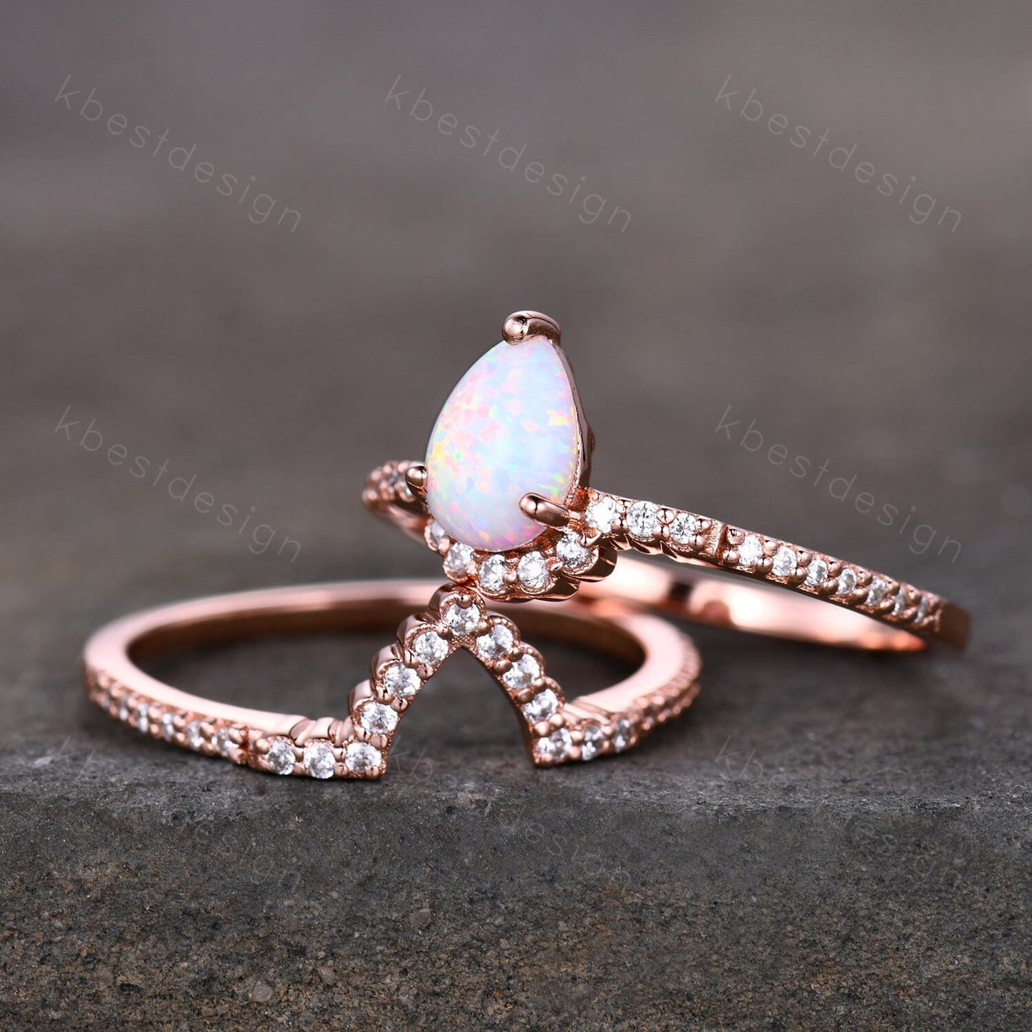 Pear shaped Opal engagement ring set rose gold white opal engagement ring unique curved CZ diamond stacking matching band Bridal promise set