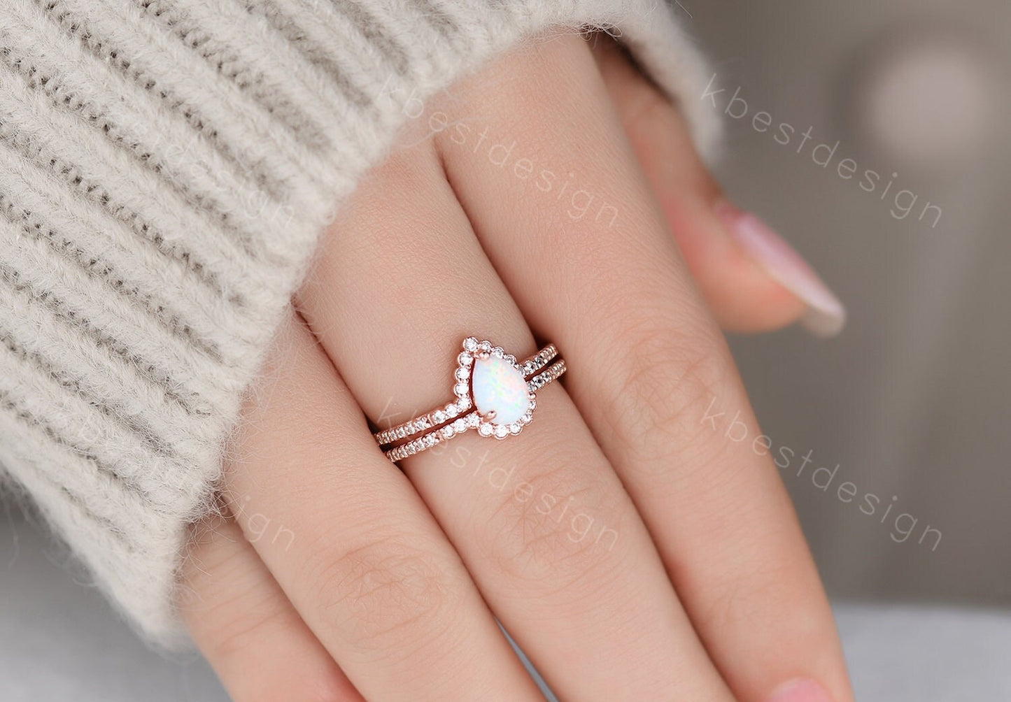 Pear shaped Opal engagement ring set rose gold white opal engagement ring unique curved CZ diamond stacking matching band Bridal promise set