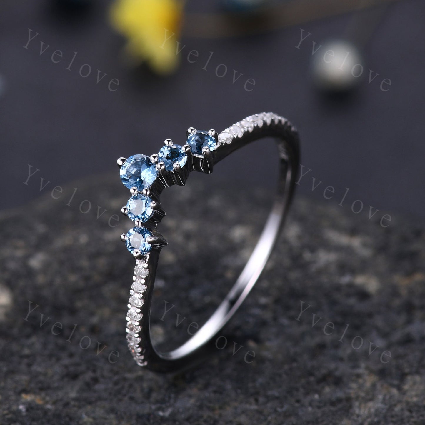 V shape topaz diamond wedding band curved stacking matching band London blue topaz half eternity ring solid 14k White gold promise bridal