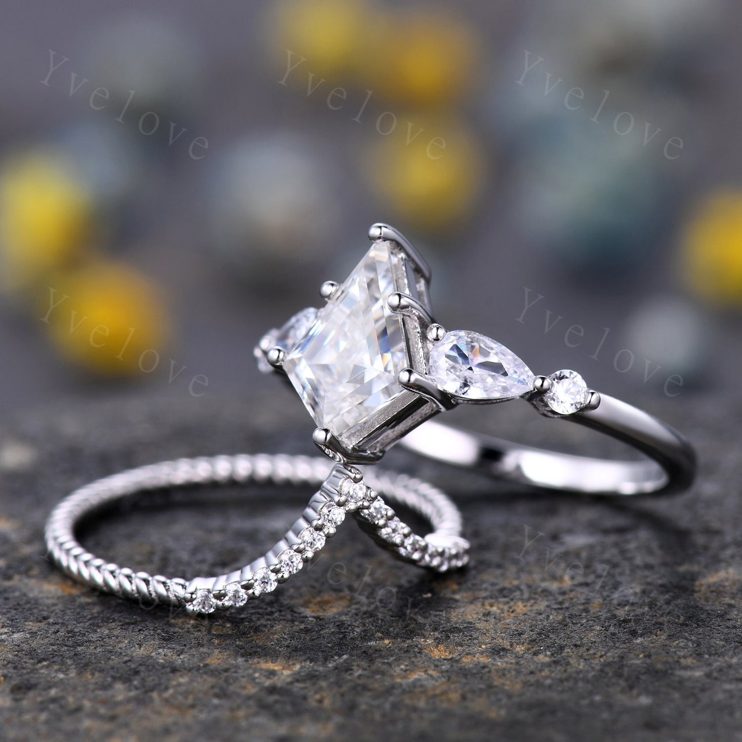 Vintage Kite Cut Moissanite Engagement Ring Set,Pear Cut Moissanite Gem Ring For Women,Unique bridal Wedding Band,14K White Gold,Custom Ring