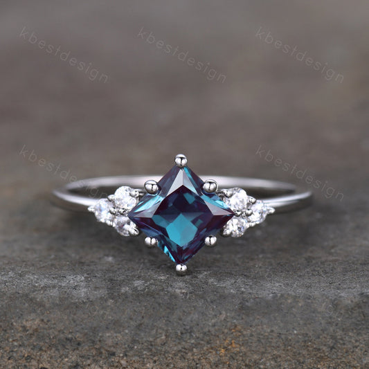 Vintage Princess Cut Alexandrite Engagement Ring Sterling Silver Ring Unique Diamond Cluster Wedding Ring Bridal Promise Ring Anniversary