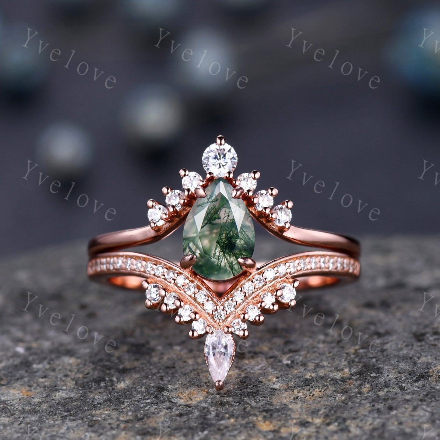 Pear shaped moss agate ring white gold ring vintage moss agate engagement ring set Curved moissanite Band Ring women art deco ring for her