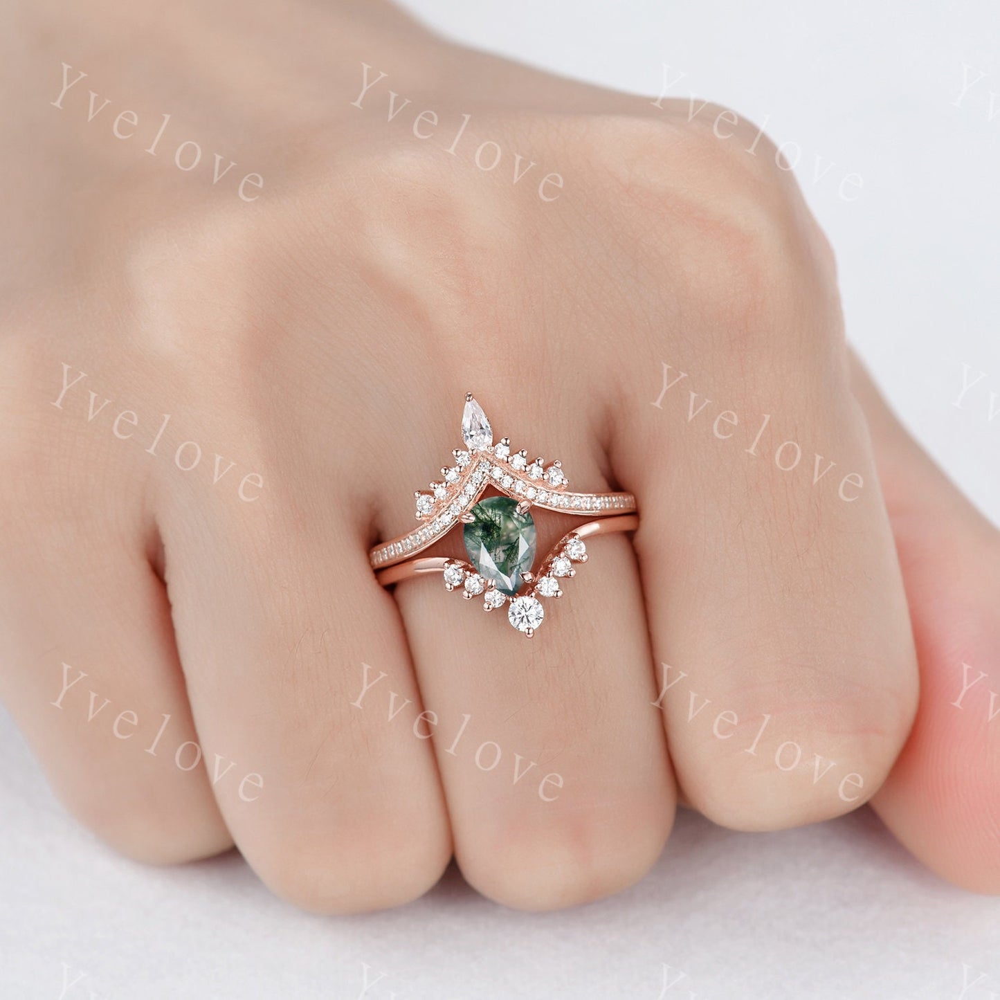 Pear shaped moss agate ring white gold ring vintage moss agate engagement ring set Curved moissanite Band Ring women art deco ring for her