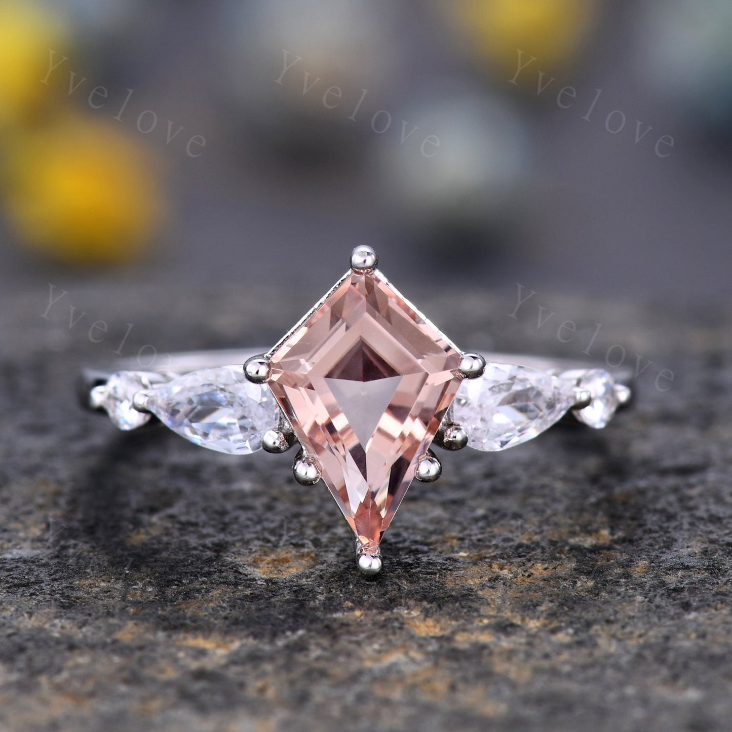 Unique Kite Cut Morganite Engagement Ring,Morganite Bridal Ring,Pear Moissanite,Twisted Wedding Band,18K White Gold,Birthday Gift For Her