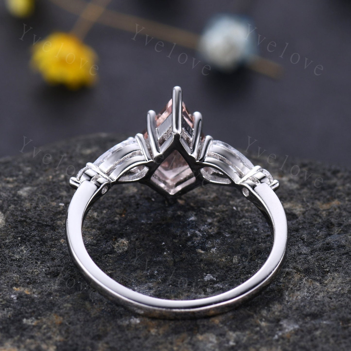 Unique Kite Cut Morganite Engagement Ring,Morganite Bridal Ring,Pear Moissanite,Twisted Wedding Band,18K White Gold,Birthday Gift For Her