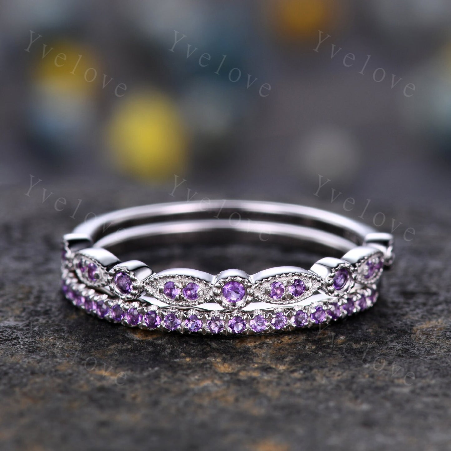 Amethyst ring art deco half eternity amethyst wedding band milgrain style unique sterling silver ring matching band natural gemstone gift