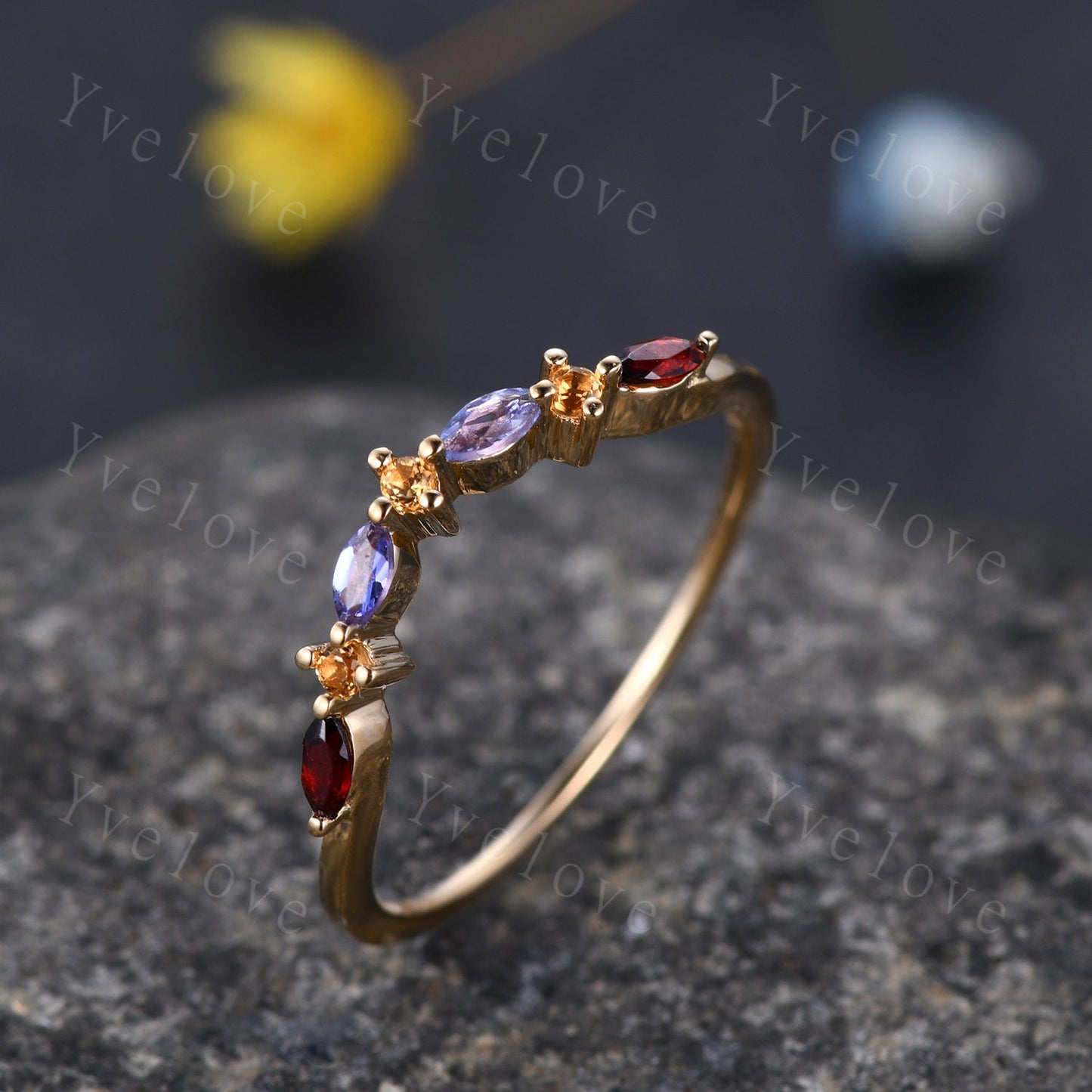 Yellow Citrine Wedding Band, Marquise Garnet tanzanite ring,Women Stacking Matching Wedding Band,Family Birthstone,Art Deco ring,Customized
