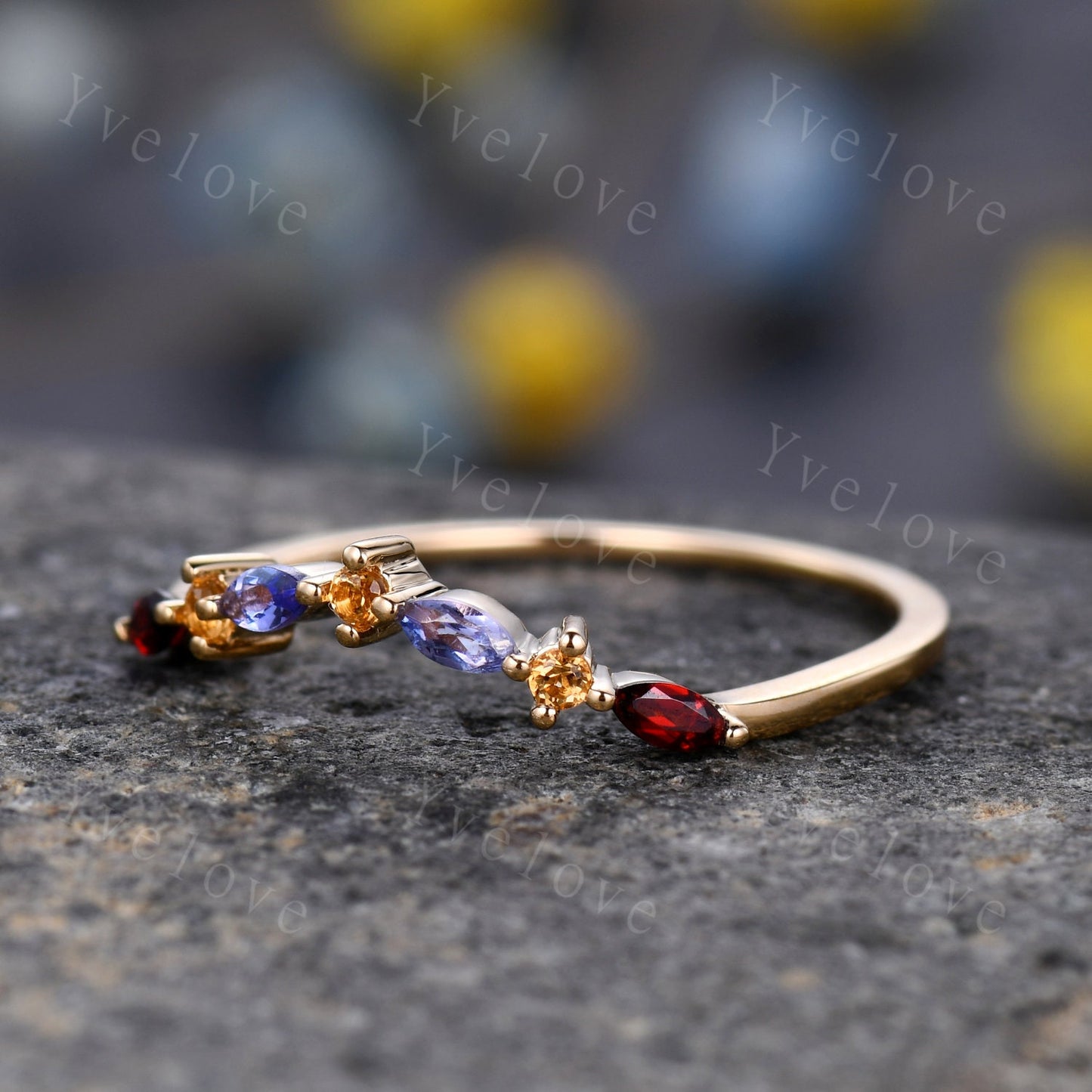 Yellow Citrine Wedding Band, Marquise Garnet tanzanite ring,Women Stacking Matching Wedding Band,Family Birthstone,Art Deco ring,Customized