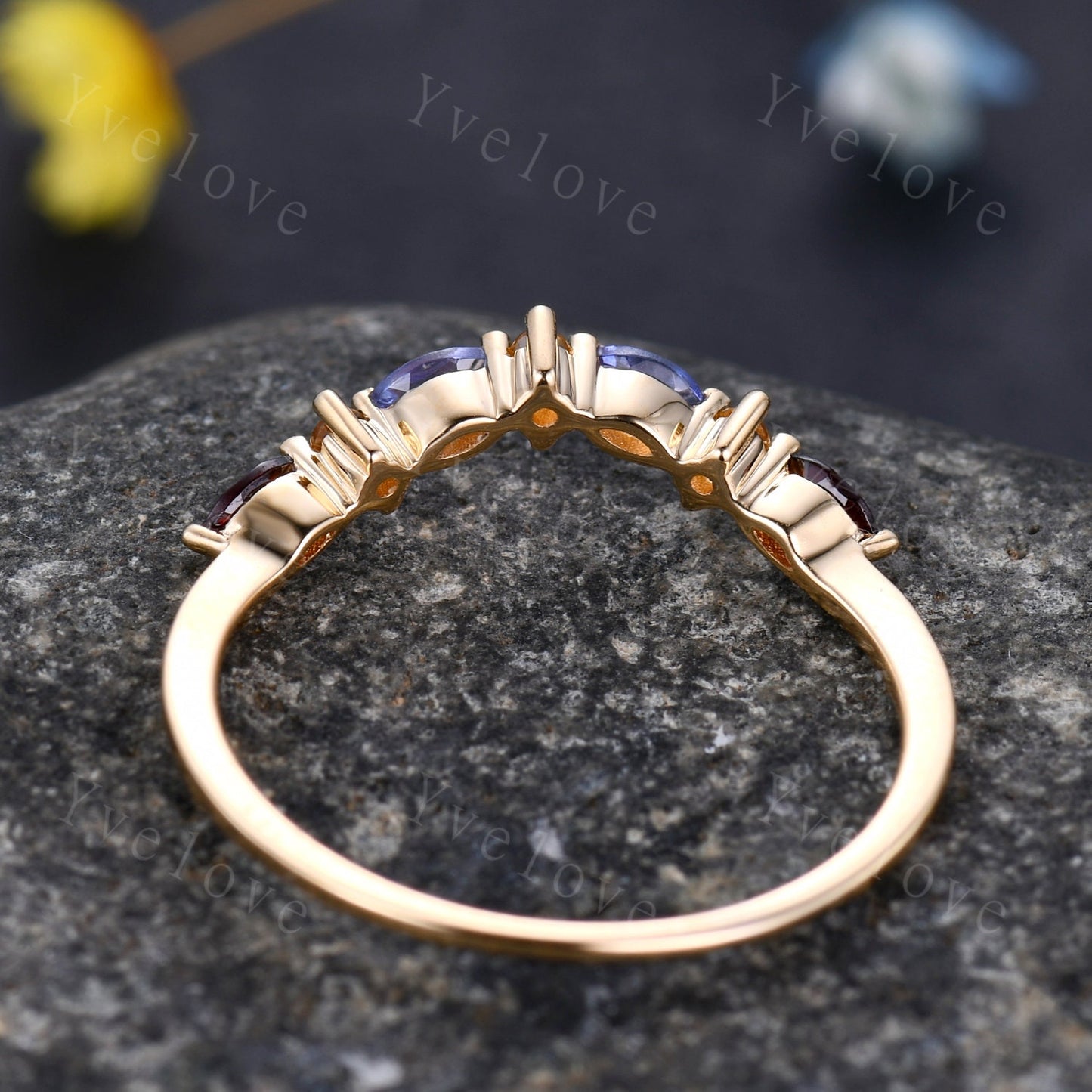 Yellow Citrine Wedding Band, Marquise Garnet tanzanite ring,Women Stacking Matching Wedding Band,Family Birthstone,Art Deco ring,Customized