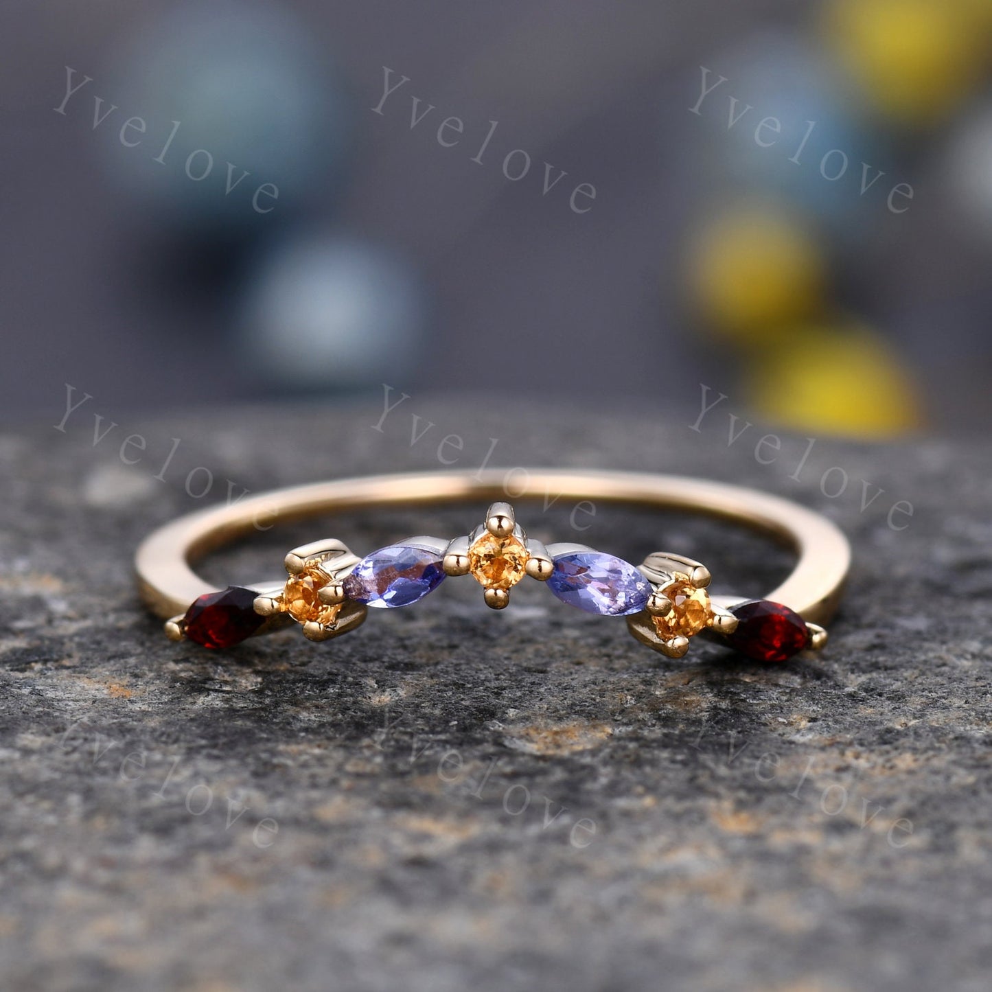 Yellow Citrine Wedding Band, Marquise Garnet tanzanite ring,Women Stacking Matching Wedding Band,Family Birthstone,Art Deco ring,Customized