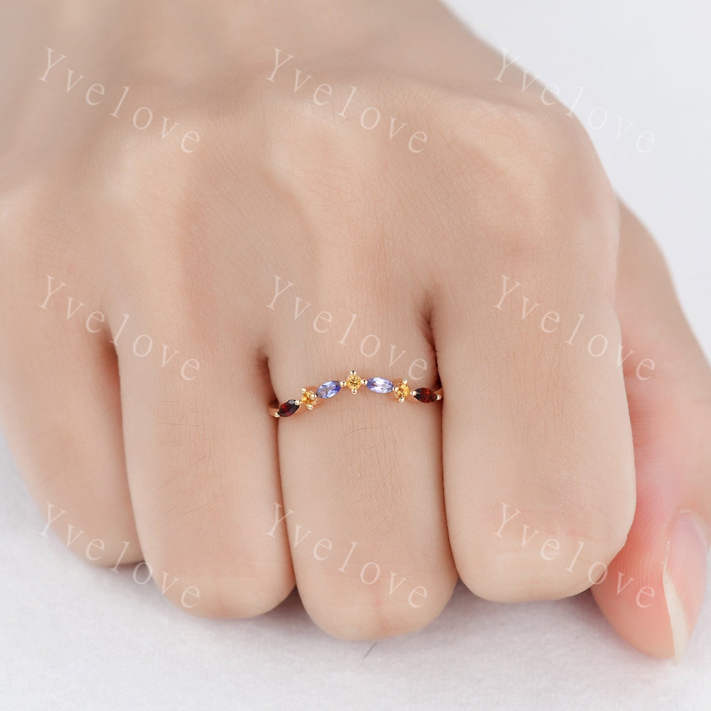Yellow Citrine Wedding Band, Marquise Garnet tanzanite ring,Women Stacking Matching Wedding Band,Family Birthstone,Art Deco ring,Customized