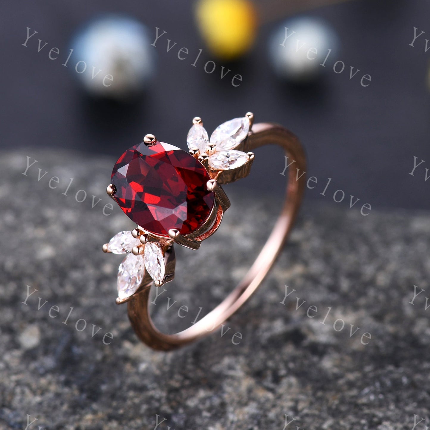 Vintage Garnet engagement ring set rose gold art deco ring moissanite stackng matching band women promise ring bridal ring anniversary gift