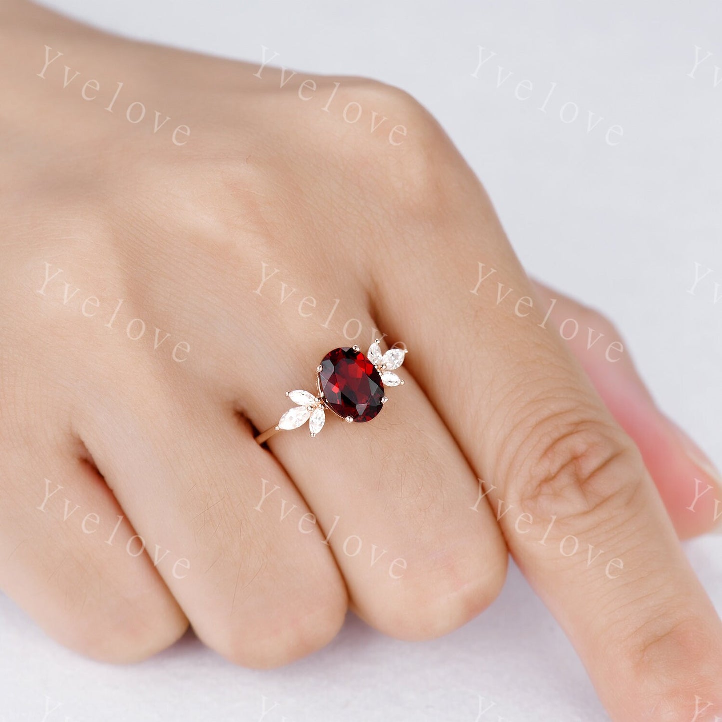 Vintage Garnet engagement ring set rose gold art deco ring moissanite stackng matching band women promise ring bridal ring anniversary gift