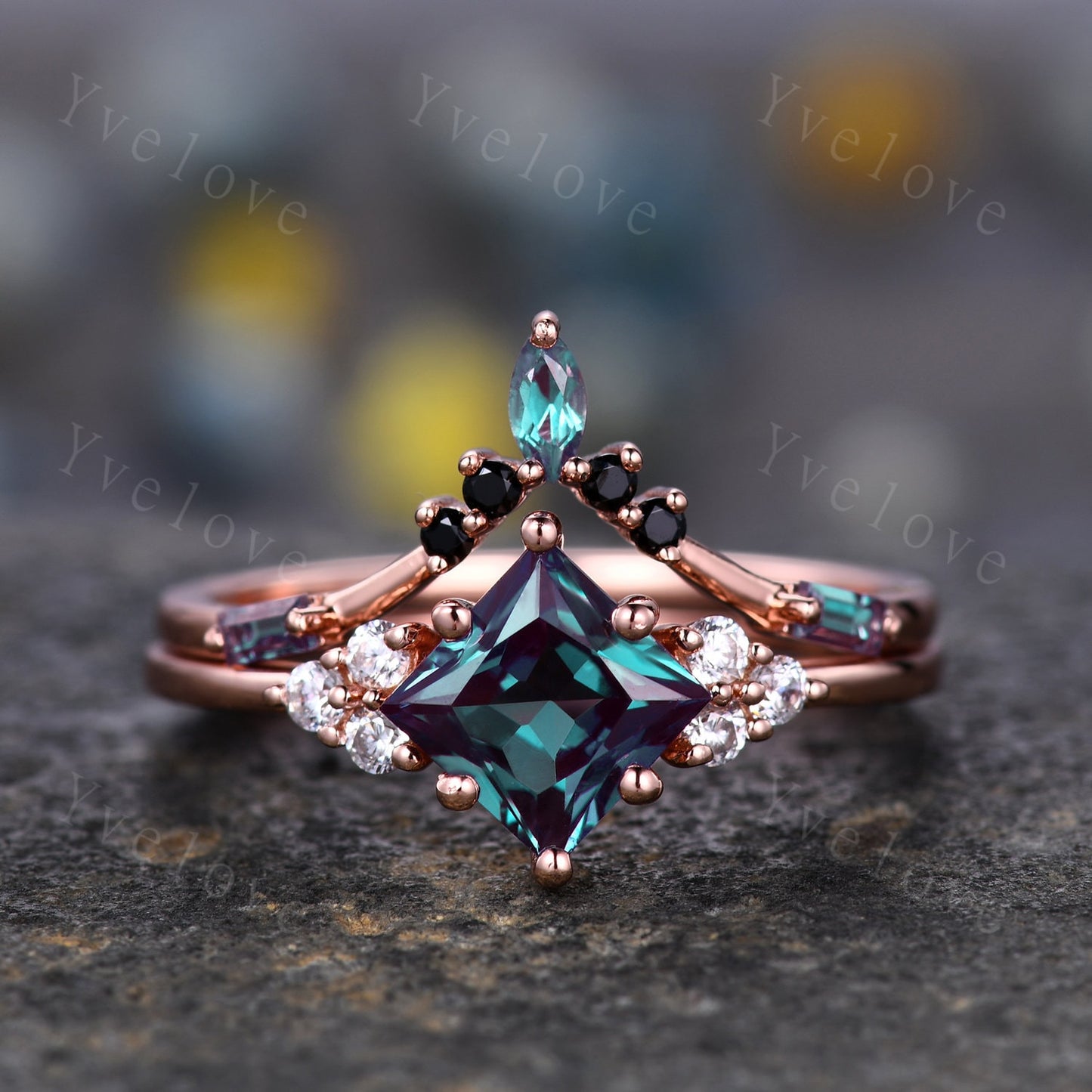 3PCS Vintage princess cut alexandrite engagement ring set,black spinel ring,baguette alexandrite,sterling silver ring,unique ring set gift