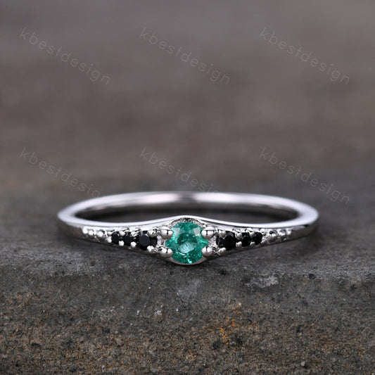 Natural emerald ring delicate emerald and black diamond stacking gemstone ring sterling silver ring emerald wedding band Women gift