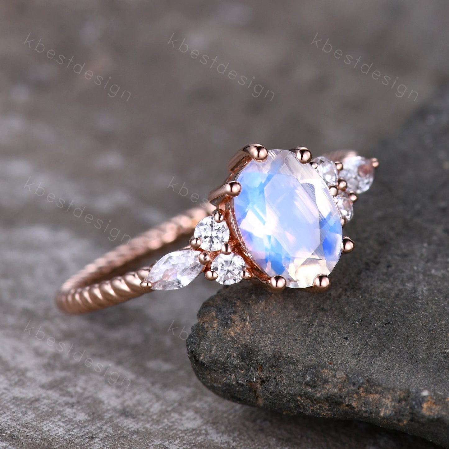 Vintage Oval Moonstone engagement ring rose gold Diamond prong set wedding ring unique twisted Bridal ring Promise Anniversary ring