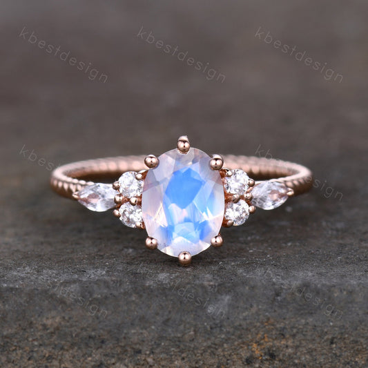Vintage Oval Moonstone engagement ring rose gold Diamond prong set wedding ring unique twisted Bridal ring Promise Anniversary ring