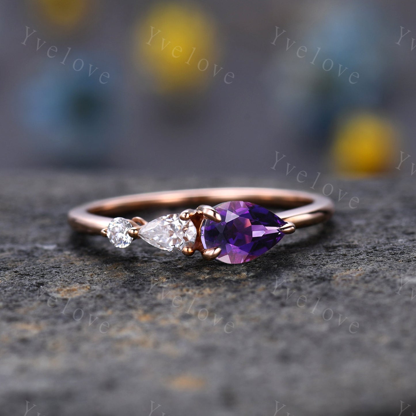 Vintage White Opal Engagement Ring,Pear Cut Gems,Art Deco Moissanite Wedding Band,3 Stone Unique Women Bridal Promise Ring,Rose gold ring