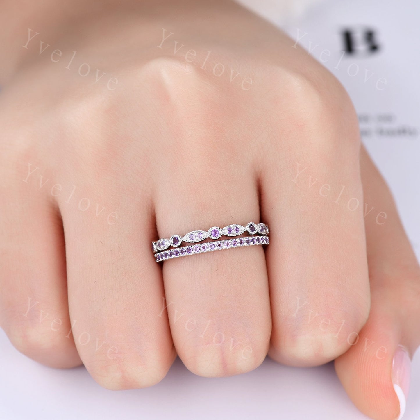 Amethyst ring art deco half eternity amethyst wedding band milgrain style unique sterling silver ring matching band natural gemstone gift