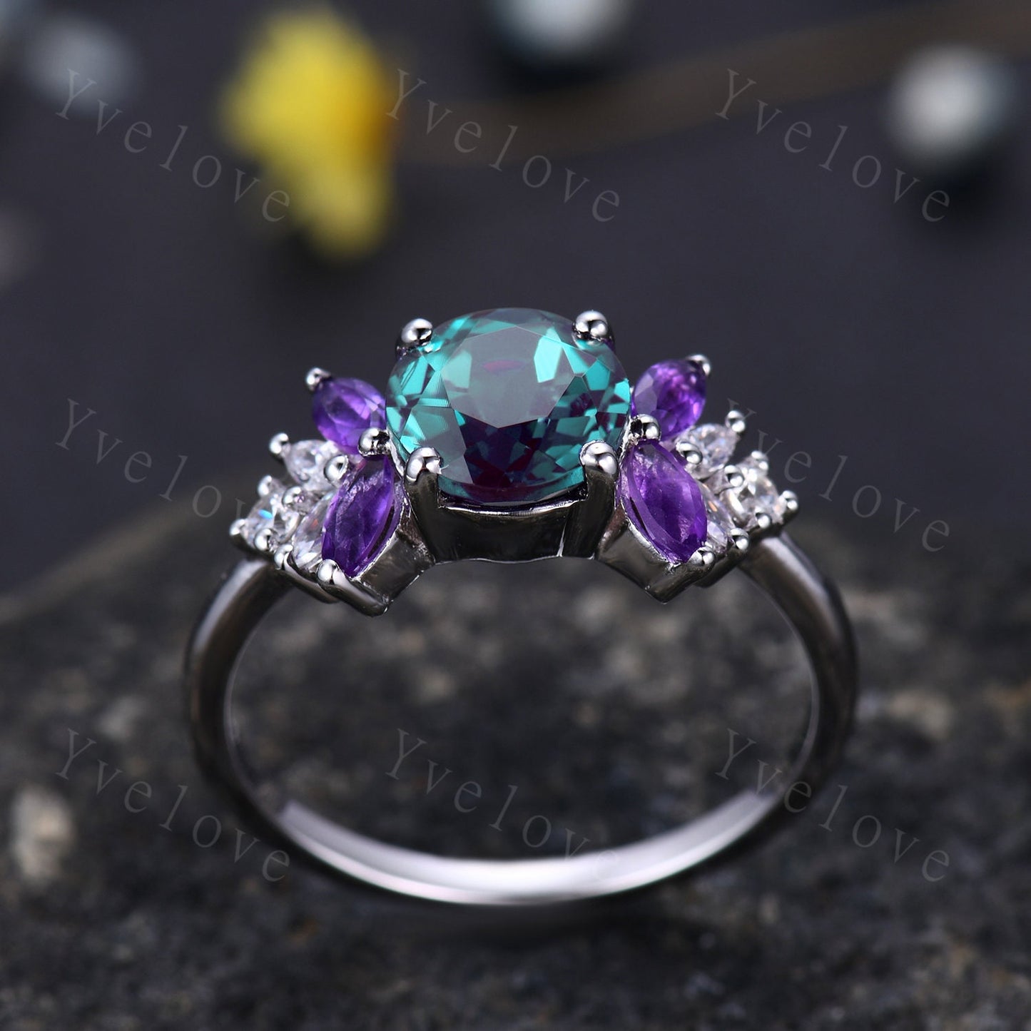 Vintage Alexandrite Engagement Ring,Round Alexandrire,Sterling Silver,Exquisite Women Moissanite Amethyst Gem,Matching Band,Bridal Ring Gift
