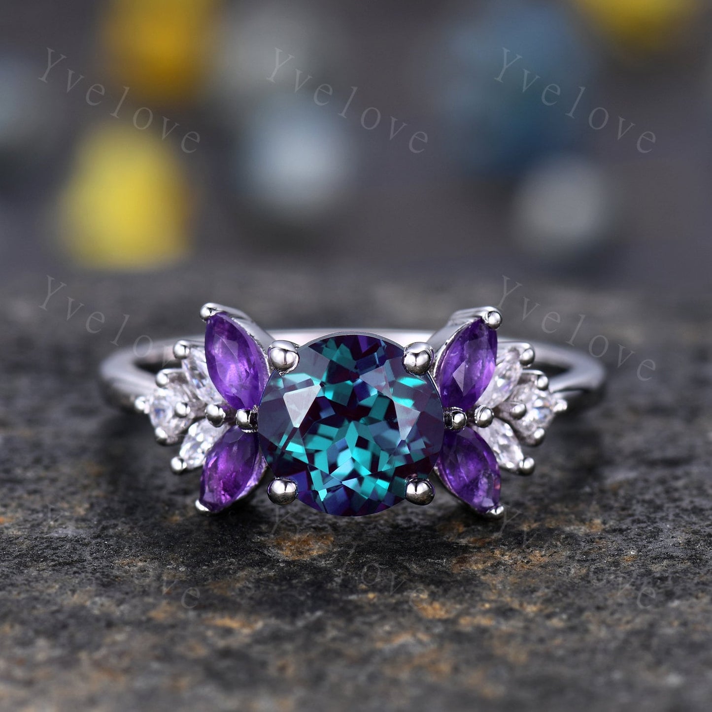 Vintage Alexandrite Engagement Ring,Round Alexandrire,Sterling Silver,Exquisite Women Moissanite Amethyst Gem,Matching Band,Bridal Ring Gift