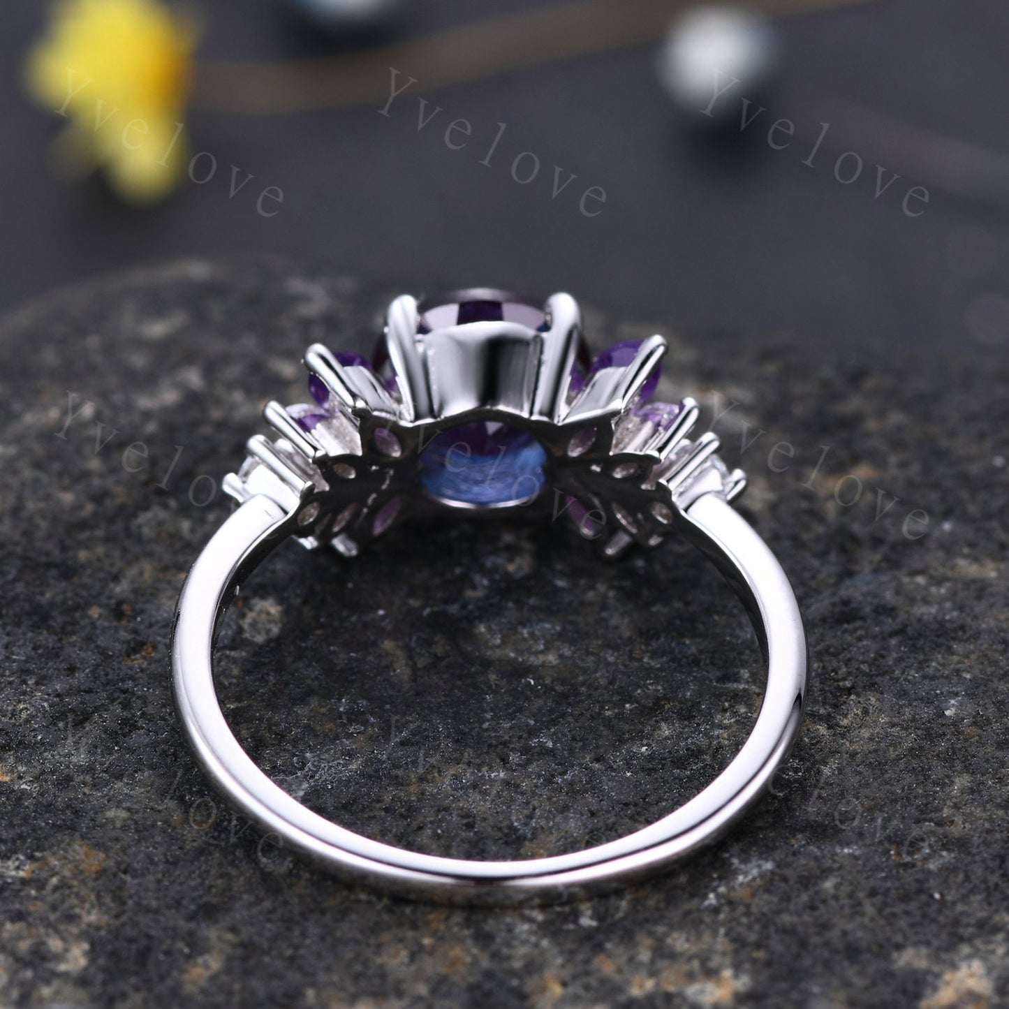 Vintage Alexandrite Engagement Ring,Round Alexandrire,Sterling Silver,Exquisite Women Moissanite Amethyst Gem,Matching Band,Bridal Ring Gift